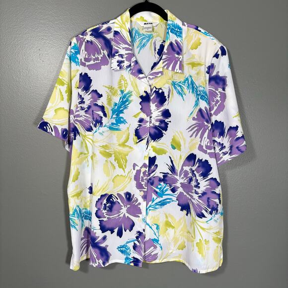 Alia Purple & Yellow Floral Hawaiian Button Up Shirt - 18 - Women's Plus Size - Picture 1 of 6